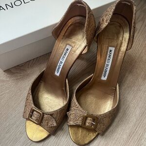Manolo Blahnik gold buckle heels